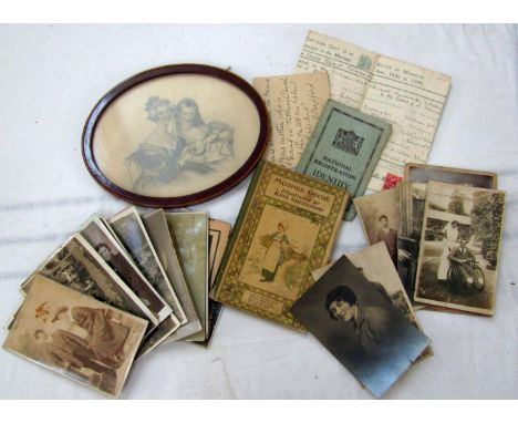 19th century English school finely drawn pencil study of a pair of ladies examining a miniature portrait, unsigned, of oval f