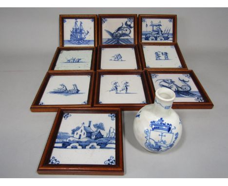 A collection of ten various 19th century delft blue and white tiles with painted decoration including sea monsters, figures p