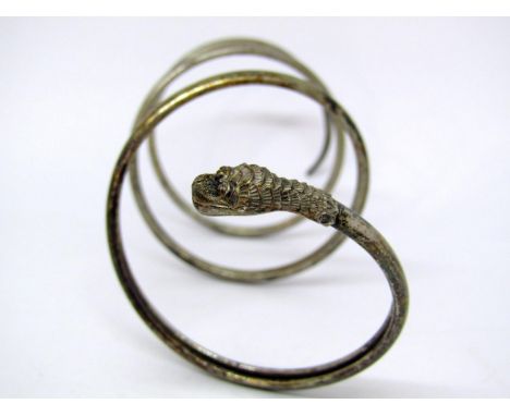Eastern style novelty white metal bangle in the form of a coiled serpent, together with a gilt metal brooch (2) 