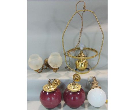 A Victorian style brass framed ceiling lamp, further globular ceiling lights and shades and two branch wall lights, etc 