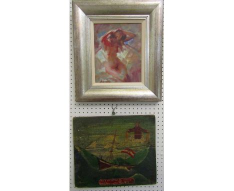 Contemporary school, study of a seated female nude, oil on canvas, indistinctly signed, Febier ? 14' verso, 25.5. cm x 20.5 c