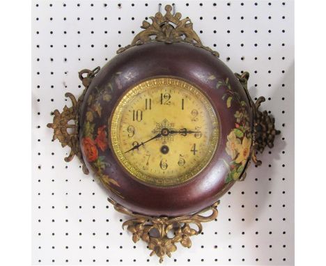 French vineyard type wall clock, single train painted dial with Arabic numerals, with painted lacquered casework, with floral