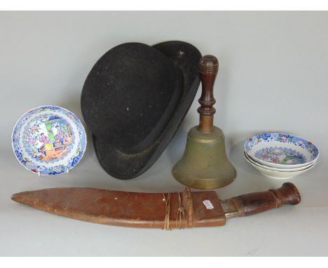 WWI Indian military knife with leather scabbard, blade dated 1915, a 19th century house bell with turned wood handle, a vinta