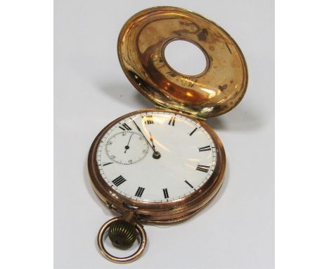 9ct half hunter pocket watch, the outer case with chapter ring, enamel Roman numerals, the enamel dial with subsidiary second