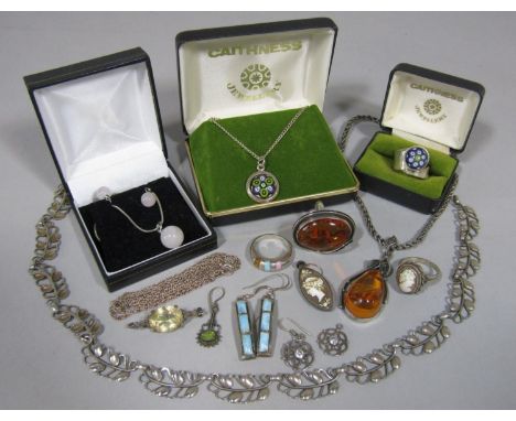 A mixed collection of mainly silver jewellery comprising a boxed Caithness Millefiori cabochon ring and pendant, together wit