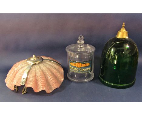 Interesting green glass bell jar converted to a lamp, together with a further glass biscuit barrel with Smiths potato crisps 