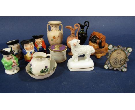 A collection of small decorative ceramics including a 19th century box and cover with postage stamp style Queens head detail 