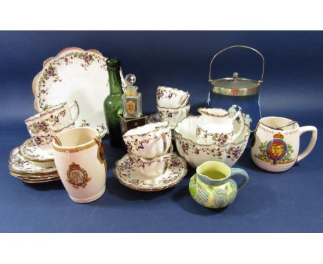 A collection of late Victorian tea wares with printed and infilled violet decoration, with fluted outline, composing cake pla