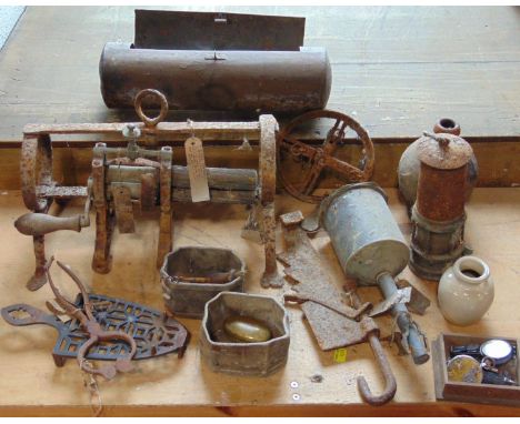 An interesting collection of cottage furnishings including a brass roasting jack and clay pipe kiln, a clay pipe barrel. a cr