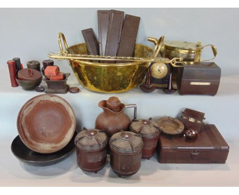 A box containing Bakelite ware including three tobacco jars, a perpetual calendar, a thermos flask, etc, together with a 19th