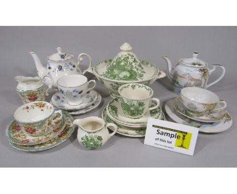 A collection of Masons Fruit Basket patternwares in the green colourway, comprising tureen and cover, serving bowl, sauce boa