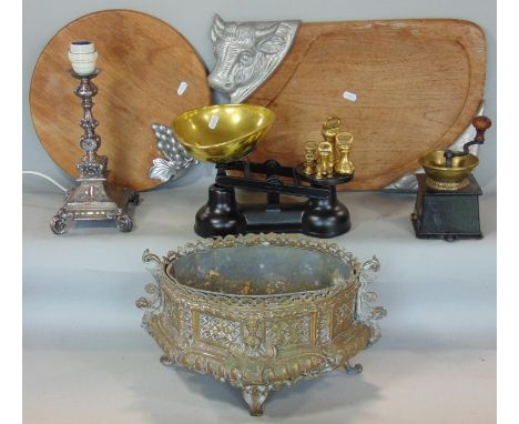 Miscellaneous effects including two large timber meat boards with applied pewter mounts, oval embossed brass jardinière with 