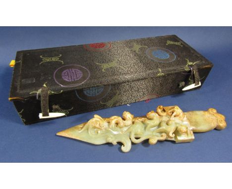 Chinese hardstone (possibly jade) ceremonial dagger, the blade embossed with Chinese dragons, 28cm, long, within a presentati