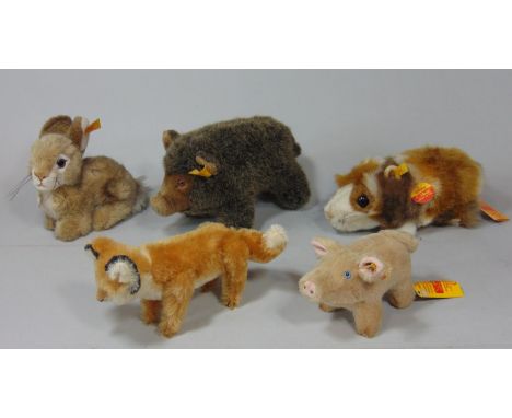 5 small Steiff toy animals all with pin in ear including a vintage jointed fox, rabbit 077708, 'Piggy' 052101, wild boar 2660