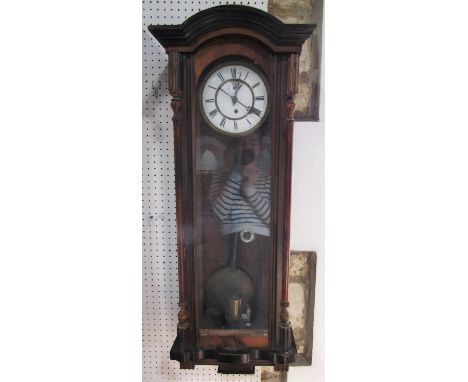 Biedermeier regulator wall clock, the enamel dial with enamel chapter ring, subsidiary second dial and single train movement,