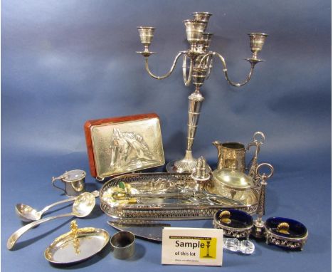 A good collection of silver plated items comprising two four branch candelabra (one af) part canteen of cutlery, various flat