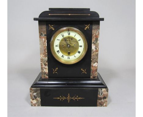 Victorian black slate mantel clock, the enamelled chapter ring framing an open escapement within a caddy shaped case, 31cm hi