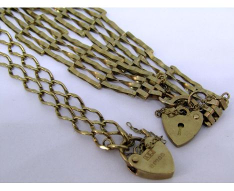 Two 9ct bracelets each with heart padlock clasp; a curb link and a gate link example, 6.7g total (2) 