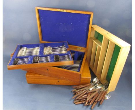 Two oak part canteens of silver plated flatware, together with a collection of Danish style wooden handled flatware (collecti