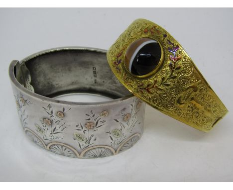 Victorian silver bangle with applied rose gold floral sprays and banded decoration, Birmingham 1884, 7cm diameter, 34.6g; tog