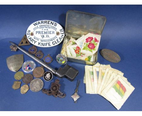 Mixed cabinet lot comprising a box containing a collection of mainly military and other badges to include a silver pique work