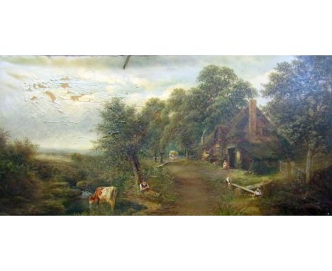 Henry Harris (British 1852-1926) an extensive landscape with cattle watering, hay cart, children playing on a seesaw, seated 