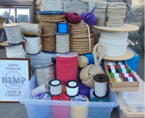 Large collection of creative rope-craft equipment including hemp, sisal and synthetic rope and cord in various colours and th