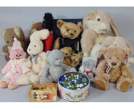 Mixed collection of toys including a Harrods Millenium Teddy Bear, chess pieces, a quantity of marbles, further soft toys etc