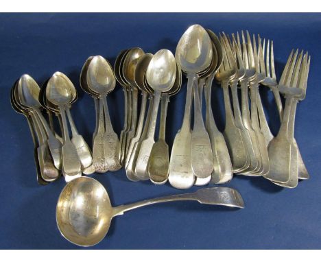 A matched collection of Georgian and Victorian fiddle pattern flatware, mainly Hawkes Armorials, 11 table forks, all Georgian