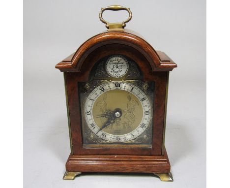 Elliot of London burr walnut miniature bracket type clock with brass and silvered dial and windup movement, 18cm high 