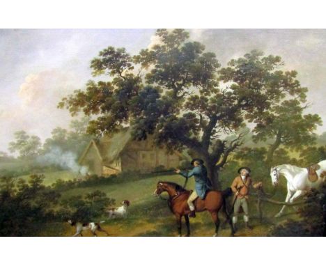 In the manner of George Morland (British 1763-1804) - Rural landscape with mounted sportsman and their pointers beside a that