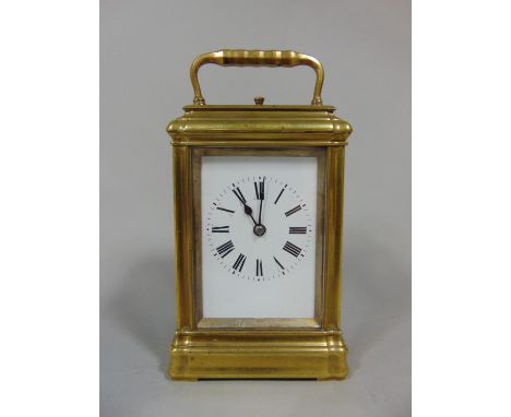 Good quality French brass repeater carriage clock, probably by Gay Mamaille in a Cornice stepped brass case, the enamel dial 