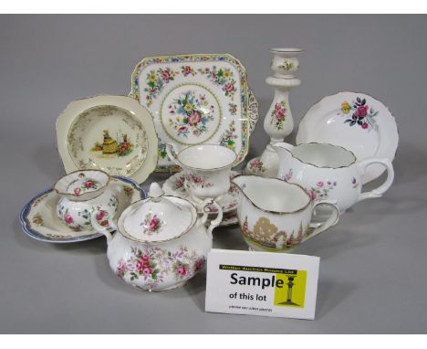 A collection of Royal Albert lavender Rose pattern teawares comprising two handled sucrier and cover, cake plate, twelve tea 