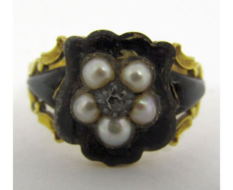 William IV mourning ring with black enamel, seed pearl and rose cut diamond decoration, inscribed to interior 'Robert Oust Ob