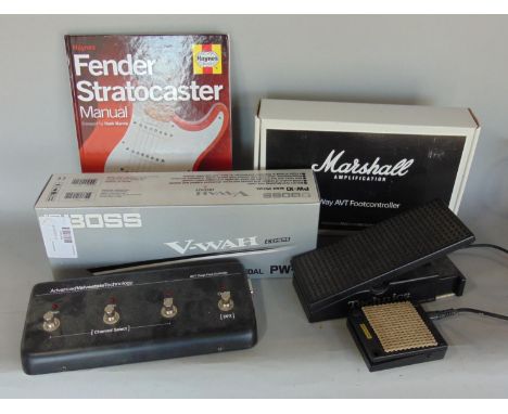A collection of guitar accessories to include a Marshall Amplification 4 Way AVT foot controller, Boss V-WAH Pedal PW-10, Tec