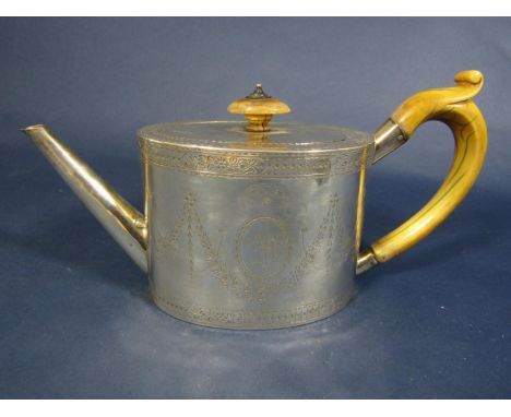 Good quality George III silver oval teapot, engraved with floral swags and bands, with ivory handle and knop, maker Thomas He