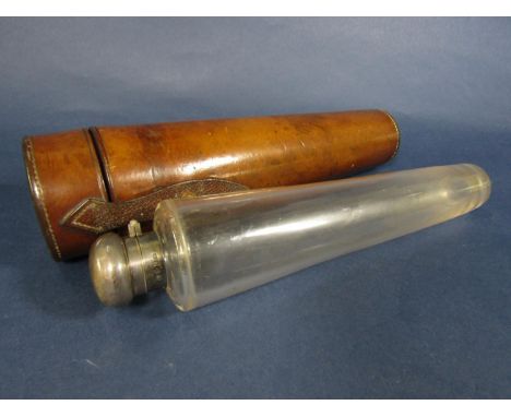 Late Victorian silver topped glass riding / hunting flask, of tapered cylinder form, maker TW, Birmingham 1894, 24.5 cm long,