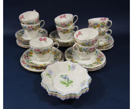 A collection of Shelley Spring Bouquet pattern teawares comprising nine cups, ten saucers and nine tea plates together with a