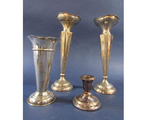 Pair of Walker &amp; Hall silver tapered faceted vases, with flared shaped rims, Chester 1928, 20cm high; together with a fur