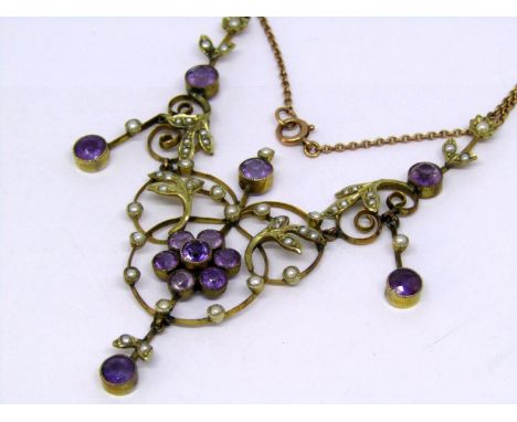 Edwardian 9ct floral festoon necklace set with amethyst and seed pearls, 8.4g 