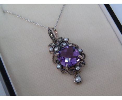 Silver amethyst, seed pearl and marcasite pendant necklace 