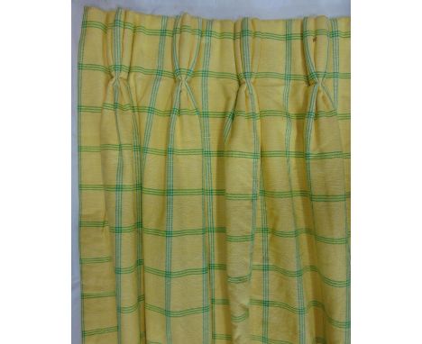 2 pairs curtains in yellow colourway with triple pleat heading, lined and thermal lined. Larger pair length 2.1m, fixed top w
