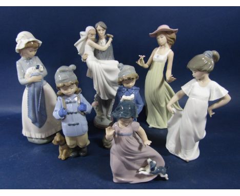 A Lladro Daisa figure group of a bride and groom together with six Nao figures including a girl with a puppy, a pair of child