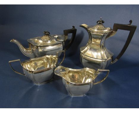 Good quality 1920s Georgian style four piece silver lobed tea service comprising teapot, water pot, milk jug and sucrier, mak