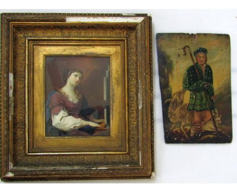 M Eccles (19th century British school) - Copy of a half length portrait of St Cecilia playing the organ, oil on card? unsigne