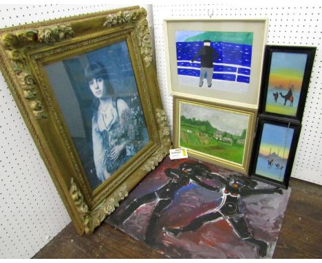 20th century school, an unusual oil on metal panel of a pair of running female figures, unsigned, 52 x 61cm, unframed, togeth
