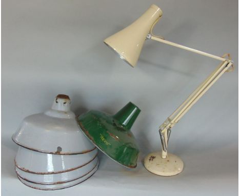 A Herbert Terry &amp; Sons anglepoise lamp in a white colourway, together with five industrial enamel shades, four in grey an