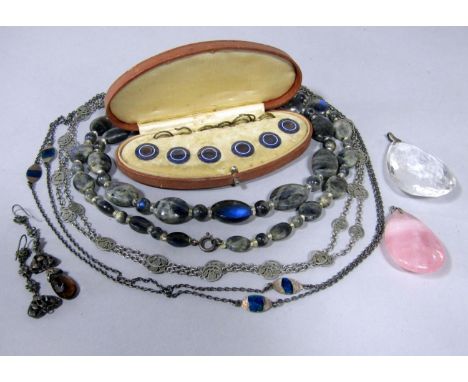 Mixed lot of Arts &amp; Crafts style costume jewellery to include a cased set of six Art Deco white metal and enamel dress bu