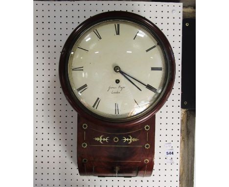 Good quality 19th century flame mahogany single fusee convex dial drop dial wall clock, signed James Payne of London, hand pa