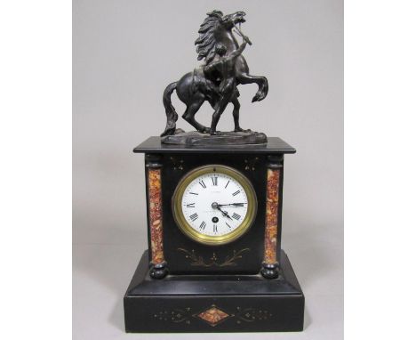 19th century black slate architectural mantle clock, mounted by a cast metal Marley horse, the single train dial inscribed A 